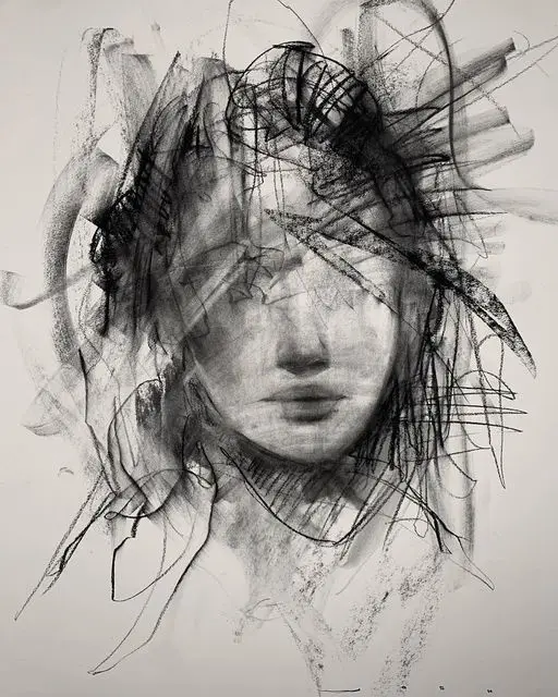 A black-and-white sketch of a woman's face partially obscured by chaotic, scribbled lines and smudges, conveying emotional…