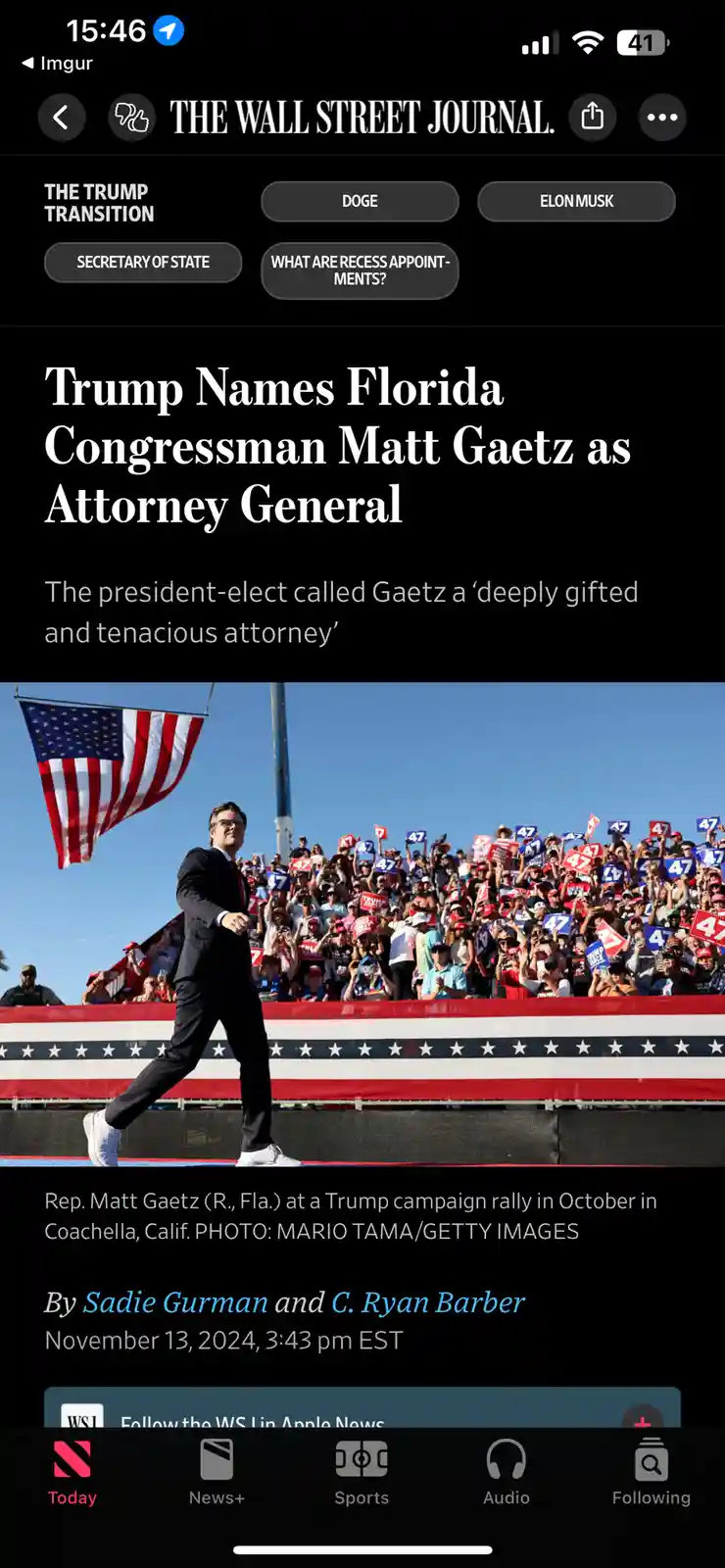 A screenshot of a Wall Street Journal article headline announcing Trump's appointment of Matt Gaetz as Attorney General…