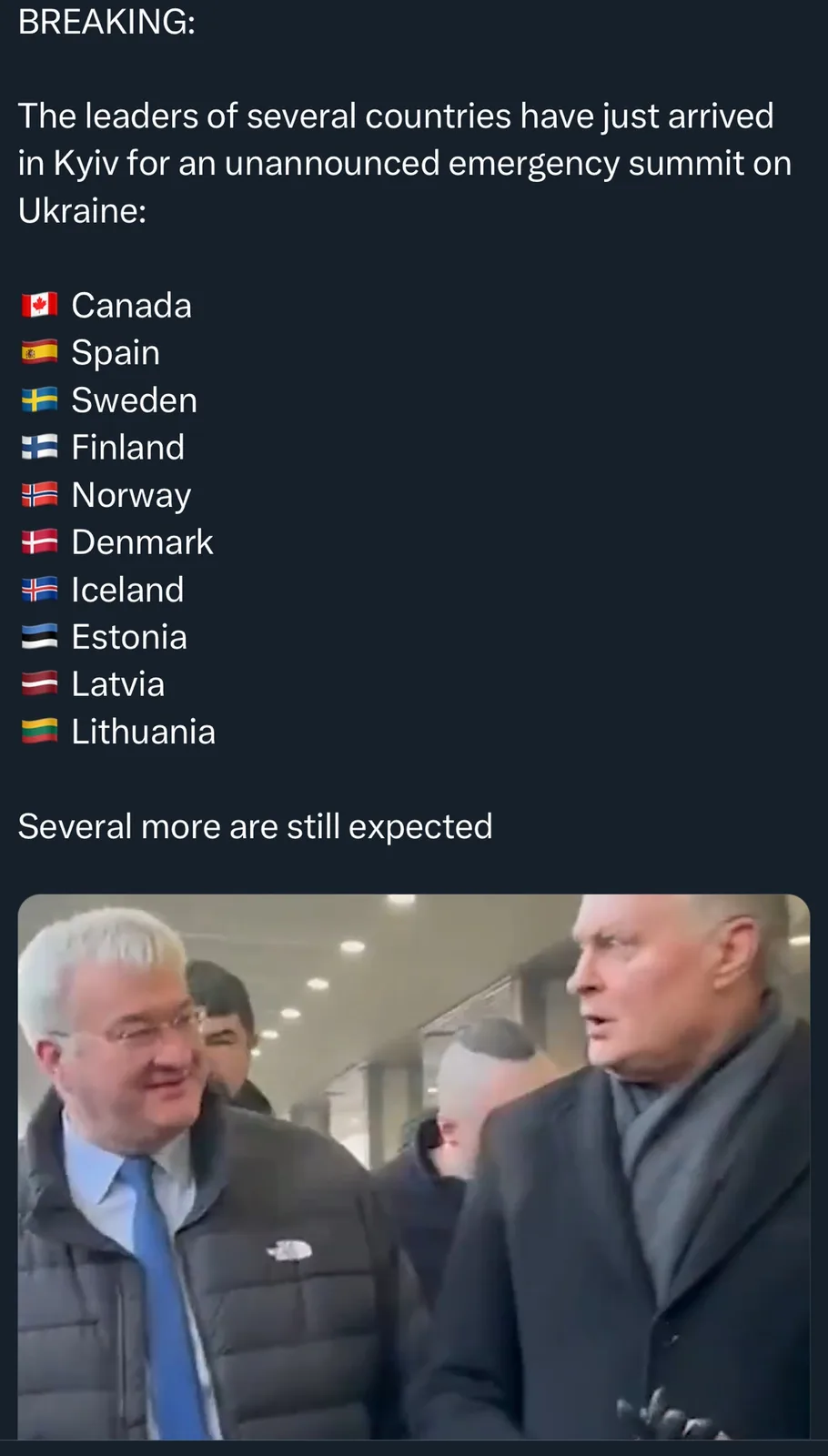 The image displays a dark background with white text listing a 'BREAKING' news report about leaders from multiple European…