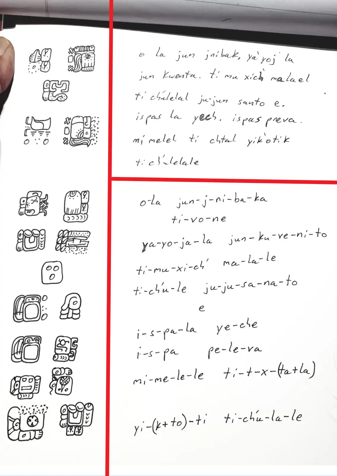 The image displays two handwritten sections side-by-side. The left side shows a grid of stylized Mayan glyphs. The right…