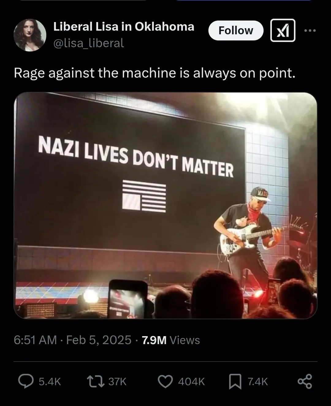A concert photo shows a musician playing guitar on stage in front of a large screen displaying the text 'NAZI LIVES DON'T…