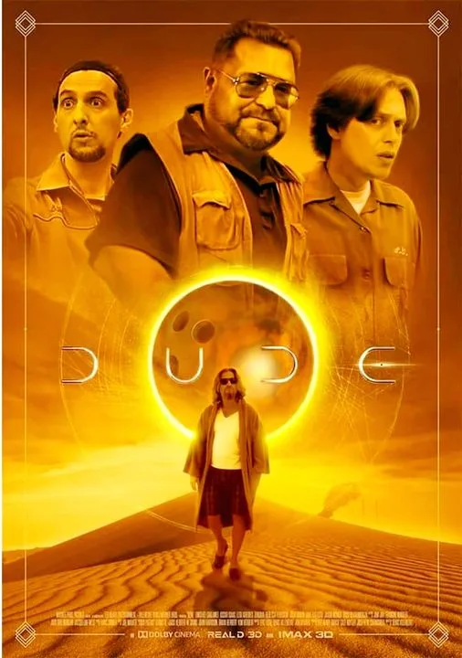 A movie poster parody featuring three men in desert attire with a central figure walking toward a glowing portal. The word…