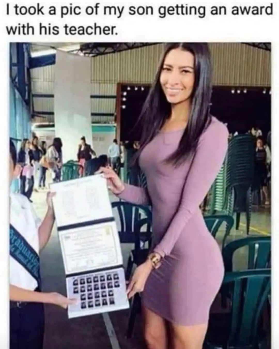 A woman in a form-fitting purple dress smiles while holding an award certificate with a grid of small photos at the bottom…