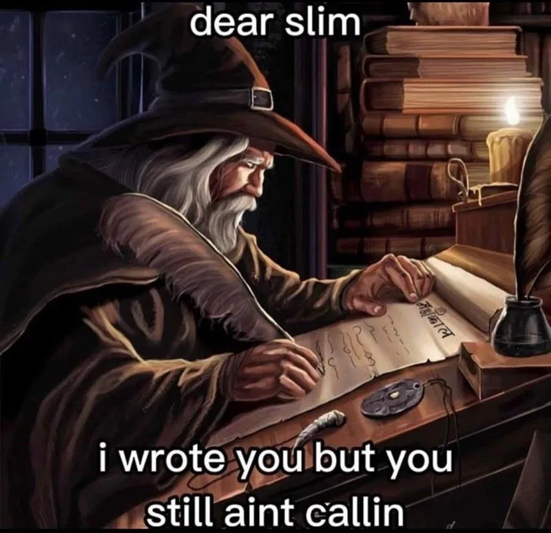 An illustration of a wizard with a long white beard and pointed hat, sitting at a wooden desk in a dimly lit room filled…