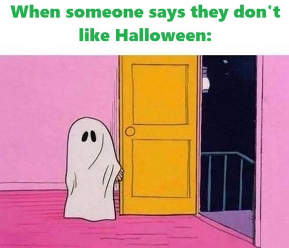 A cartoon ghost with two black eyes peeks from behind a yellow door into a dark hallway. The text above reads 'When someone…