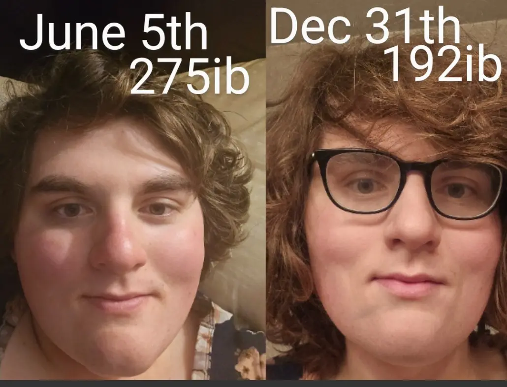 A side-by-side comparison of a person's face showing a significant weight loss transformation. The left image, labeled 'June…