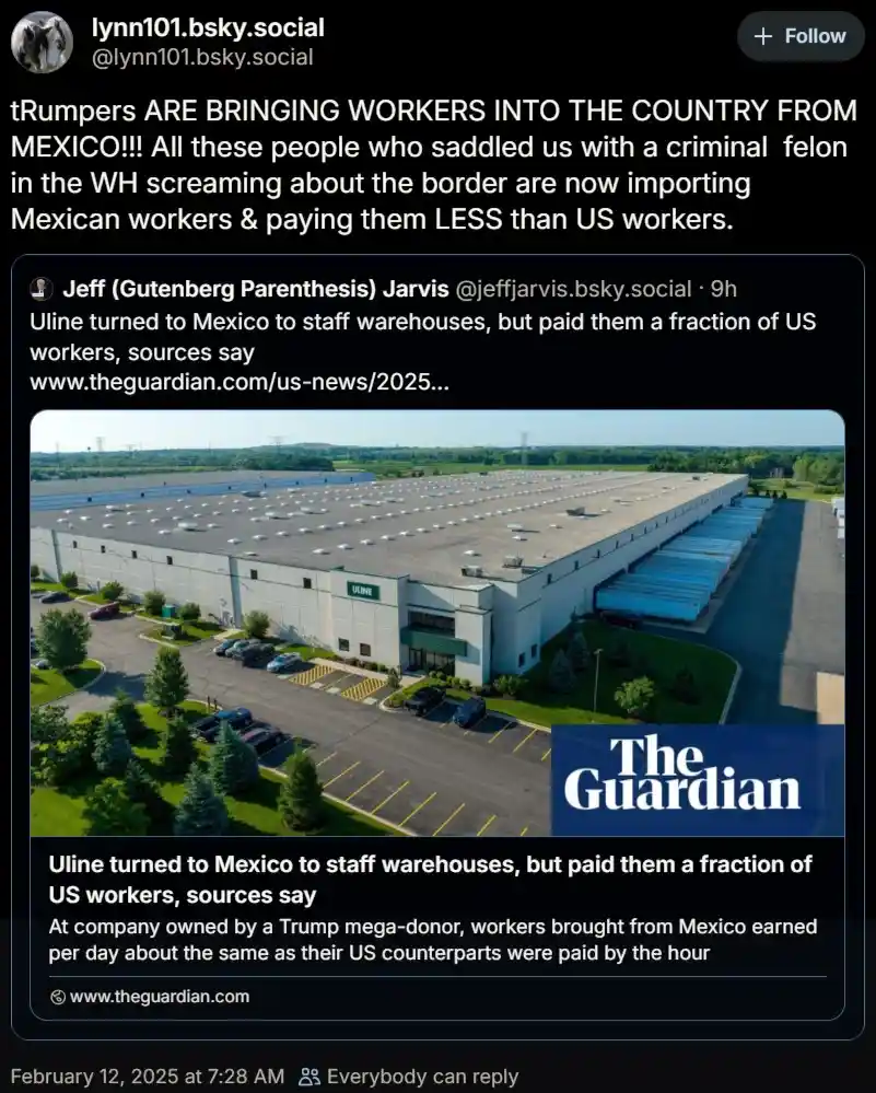 An image of a large Uline warehouse with a Guardian news article overlay stating Uline hired workers from Mexico and paid…