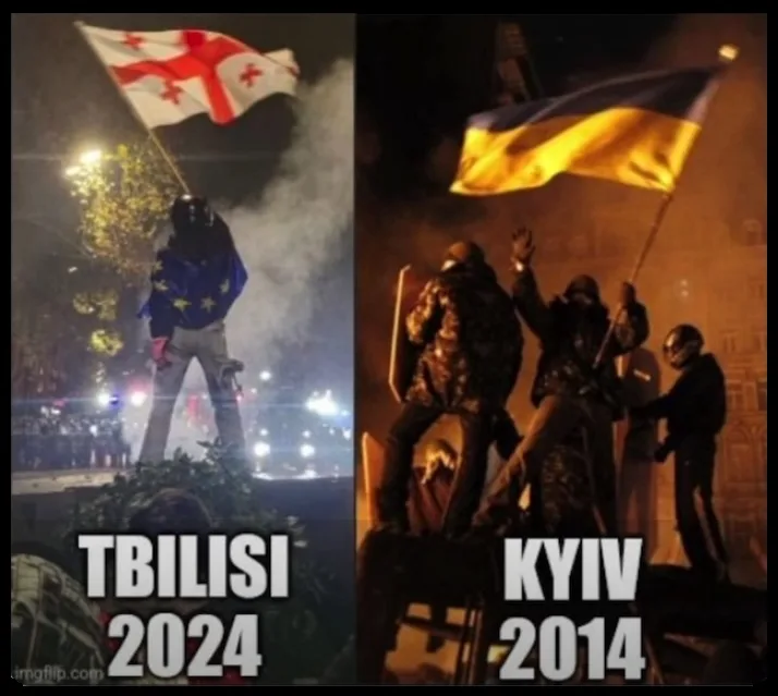 A split image shows two nighttime protest scenes. Left: A person in a helmet and blue jacket with a European Union flag…