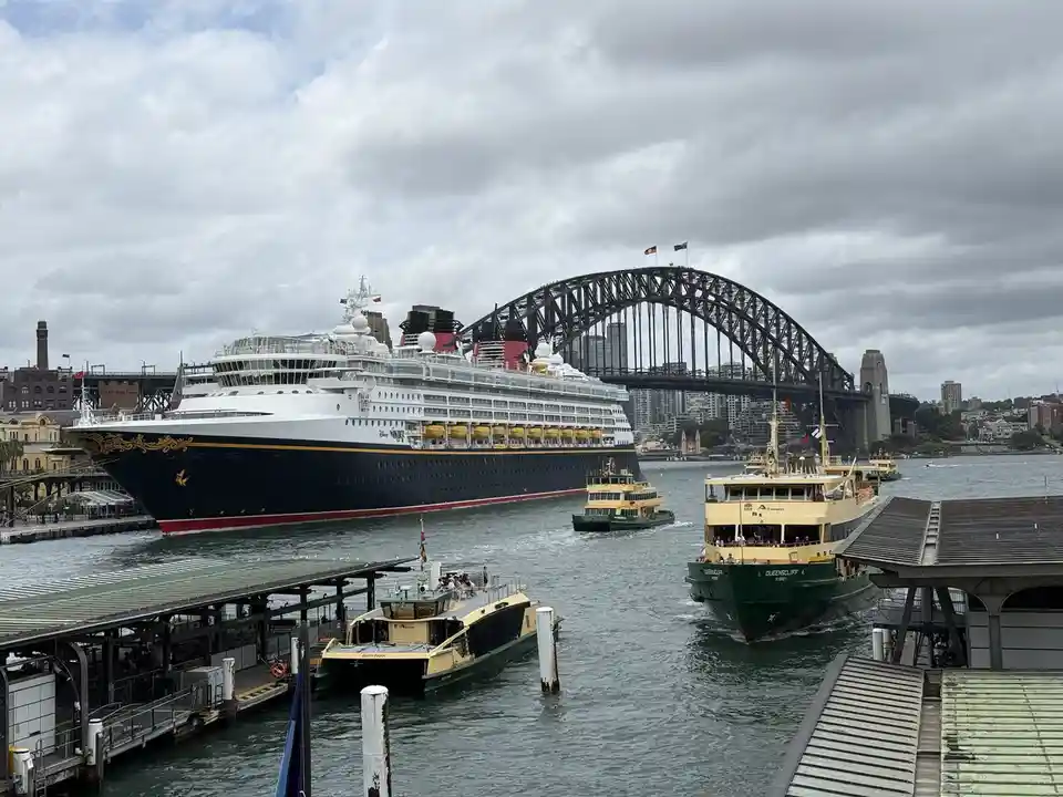 A large Disney Wonder cruise ship is docked in Sydney Harbour with the iconic Sydney Harbour Bridge visible in the…