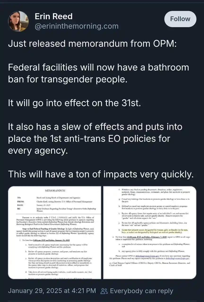 A screenshot of a tweet from Erin Reed (@erininthemorning.com) announcing a fictional OPM memorandum dated January 29, 2025…