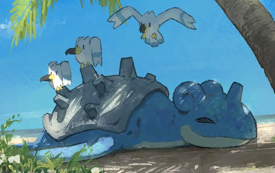 A cartoonish illustration shows three seagulls perched on the decaying, blue-gray carcass of a large whale lying on a sandy…