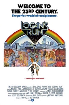 The image is the movie poster for 'Logins Run,' featuring a rainbow arching over a futuristic cityscape with people in…