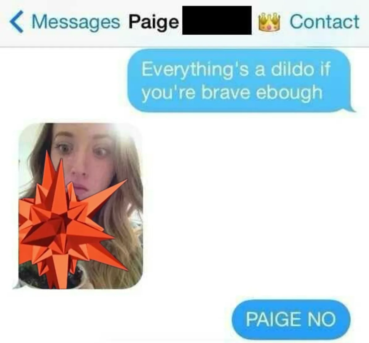 A screenshot of a text message conversation with a contact named 'Paige' shows a blue message bubble with the text…