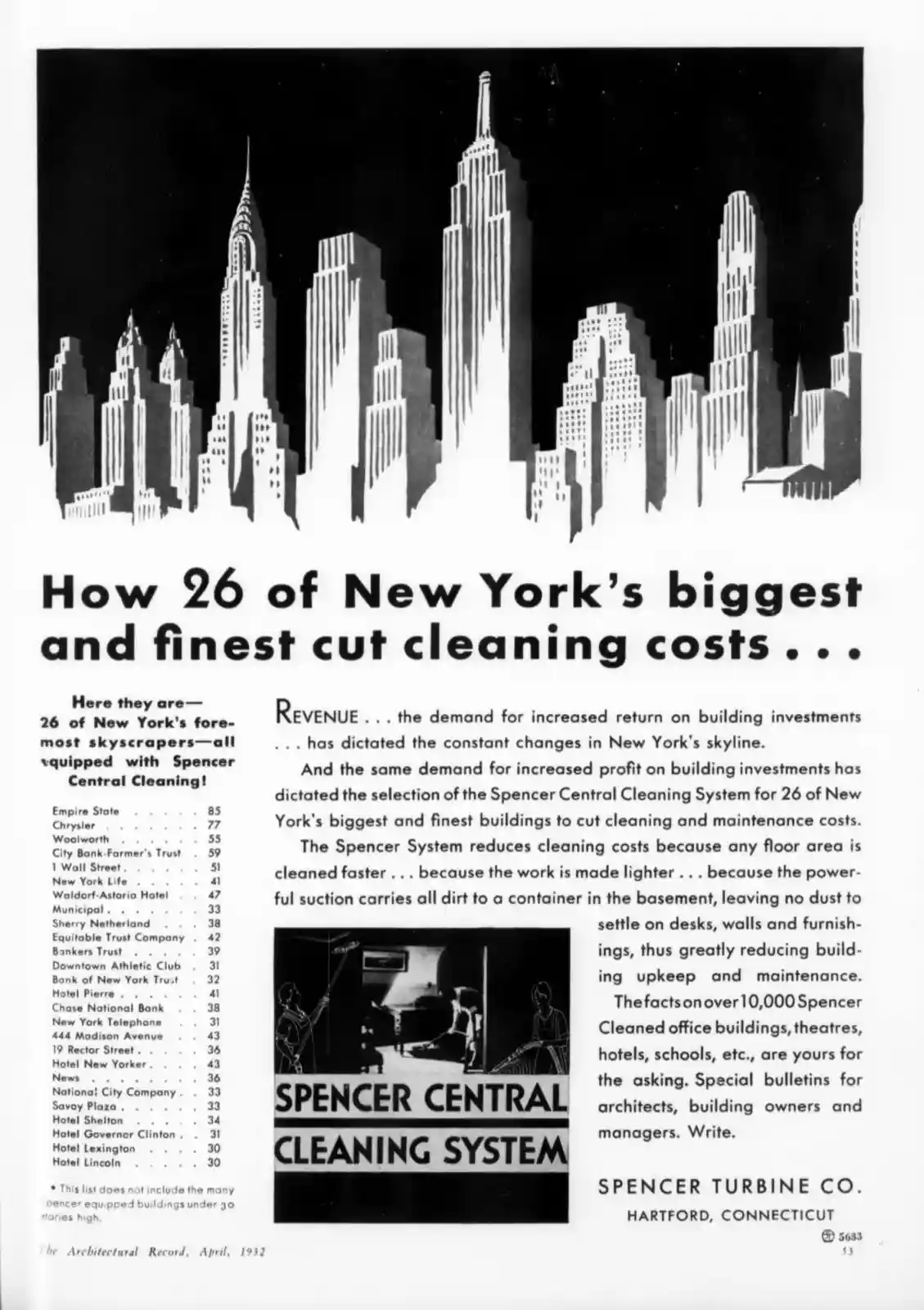 A vintage 1932 black-and-white advertisement for Spencer Central Cleaning System features a stylized skyline of New York…