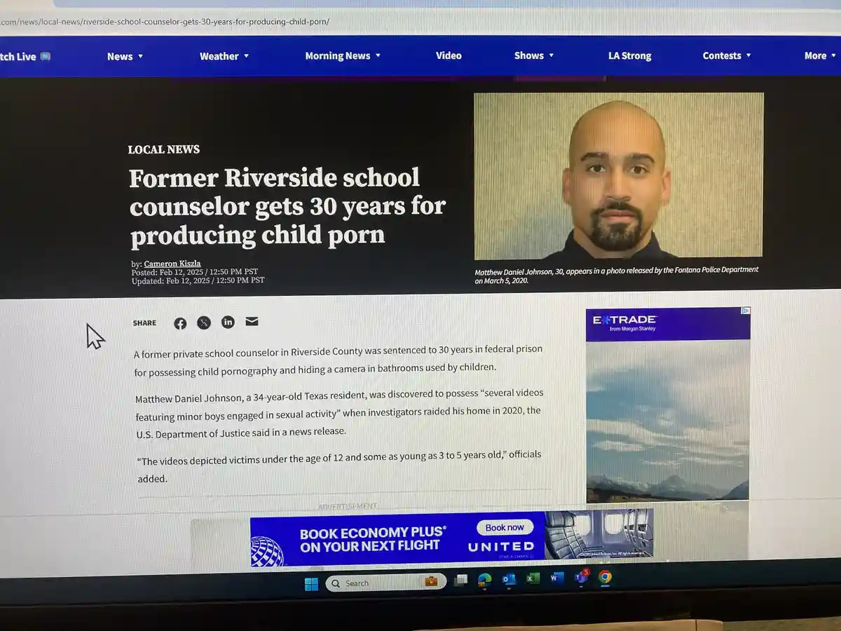 A screenshot of a news article on a computer screen shows a headline about a former school counselor sentenced to 30 years…