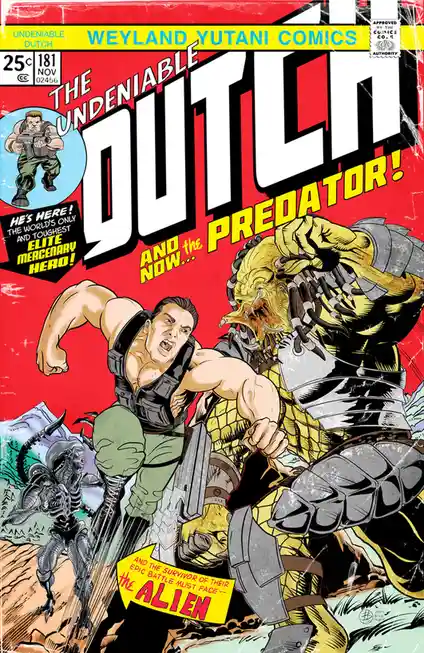 A comic book cover parody titled 'The Undeniable Dutch' from 'Weyland Yutani Comics' depicts a muscular man in green…