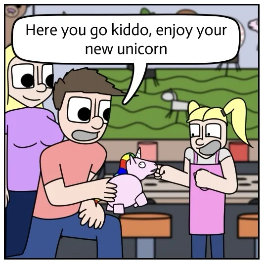 A cartoon dad hands his child a small pink plush unicorn toy while a woman in a pink apron smiles beside them. The dad says…