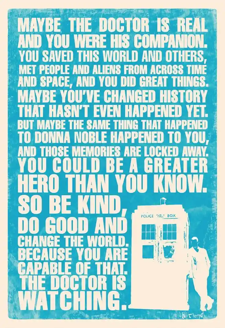 A blue-toned poster features white text in a bold sans-serif font, overlaid on a stylized image of the TARDIS and a…