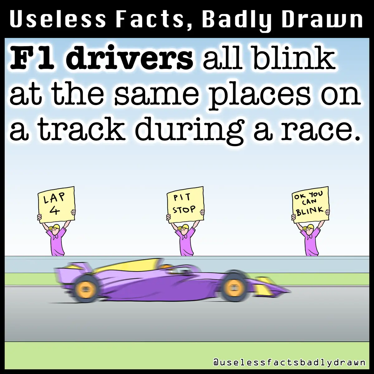 A cartoon image shows a purple F1 race car speeding on a track, with three identical figures in purple uniforms holding up…