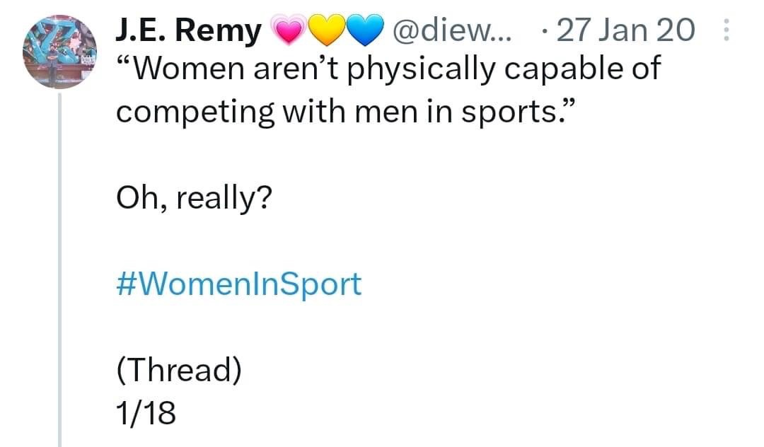 A screenshot of a tweet by J.E. Remy from January 27, 2020, showing a quote attributed to them: 'Women aren't physically…
