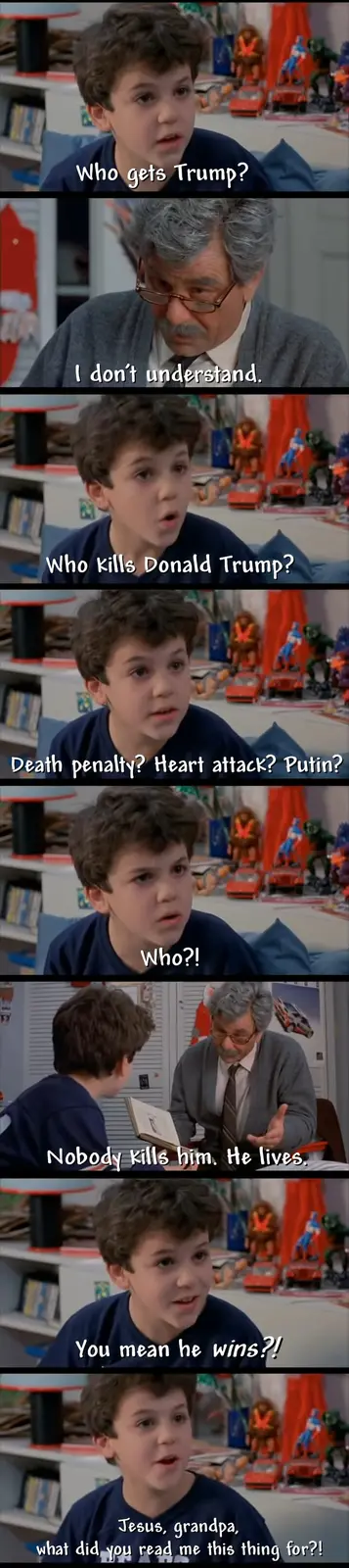 A meme sequence from the movie 'The Sandlot' shows a young boy asking his grandfather about Donald Trump, confused by the…