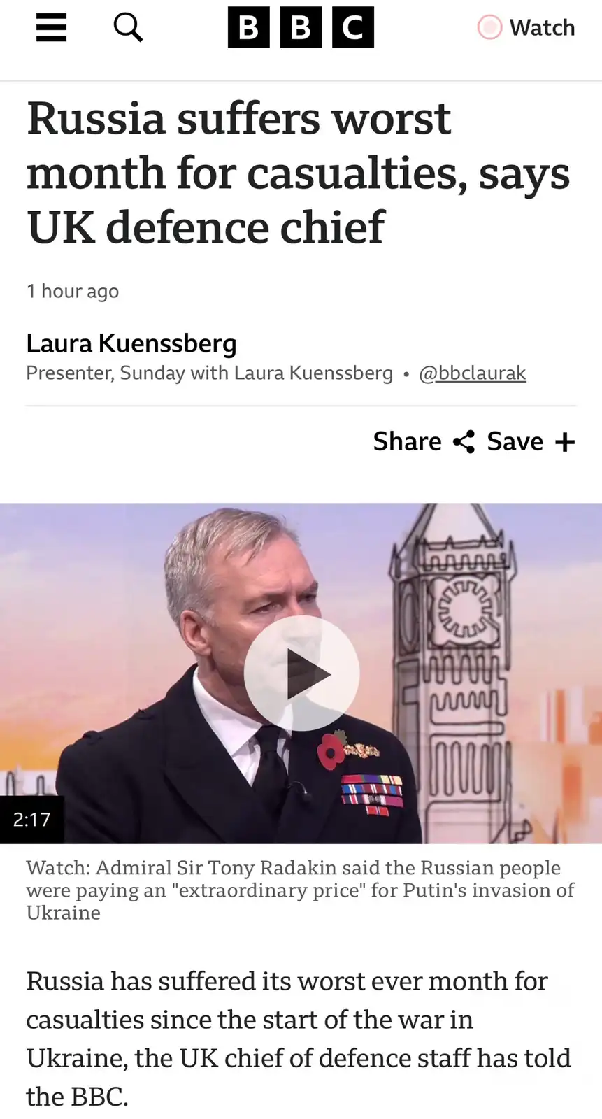 A BBC news article screenshot shows a video thumbnail of Admiral Sir Tony Radakin in uniform, with a play button overlay…