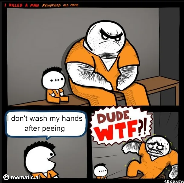 A two-panel comic shows a small inmate telling a large, angry inmate he doesn't wash his hands after peeing, causing the…