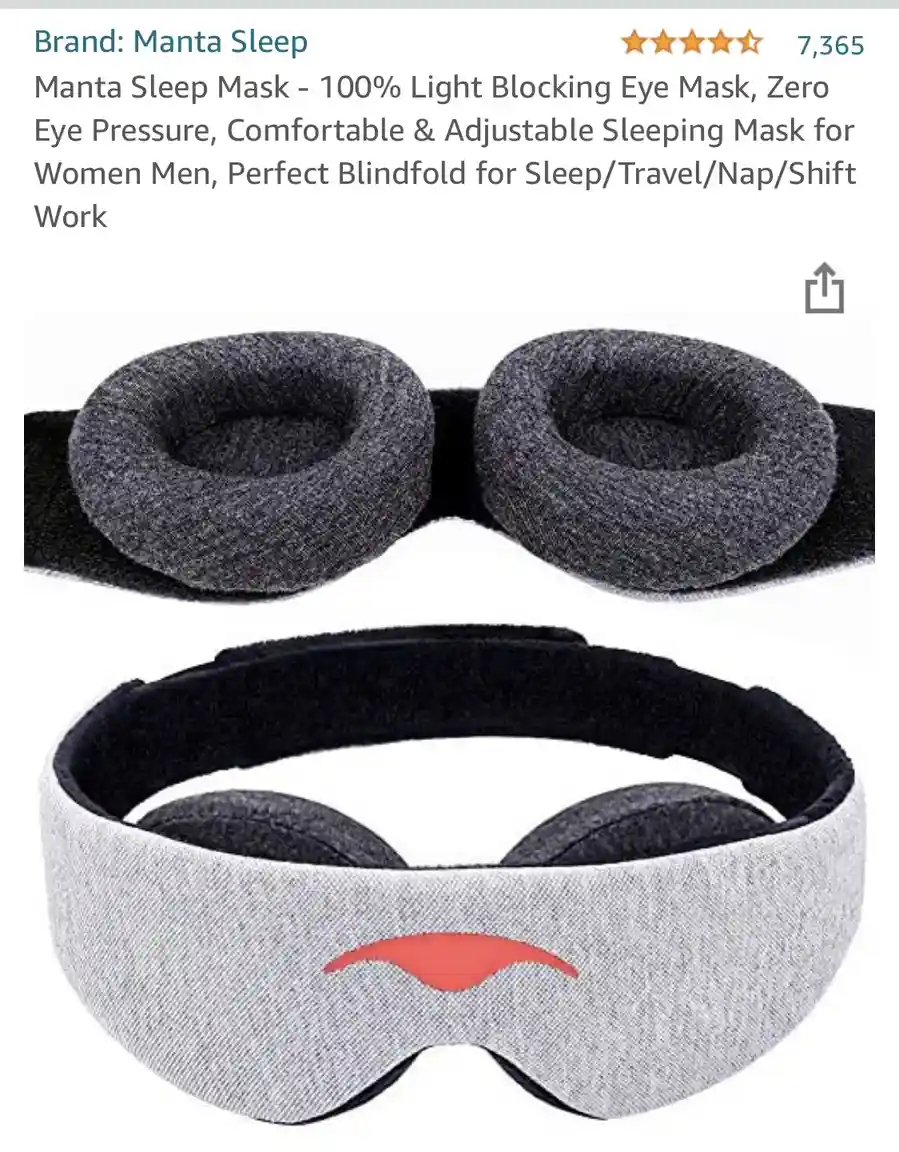 The image displays a product listing for a Manta Sleep Mask, showing two views: the top view highlights the two soft, gray…