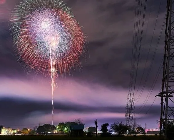A vibrant, multi-colored firework explodes in the night sky above a landscape with power lines and towers. The overlaid text…