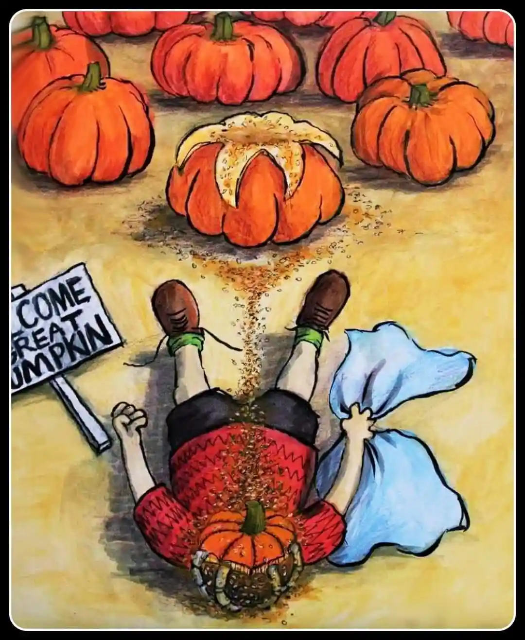 A cartoon-style illustration shows a person lying on their back on sandy ground, wearing a red sweater and black shorts…
