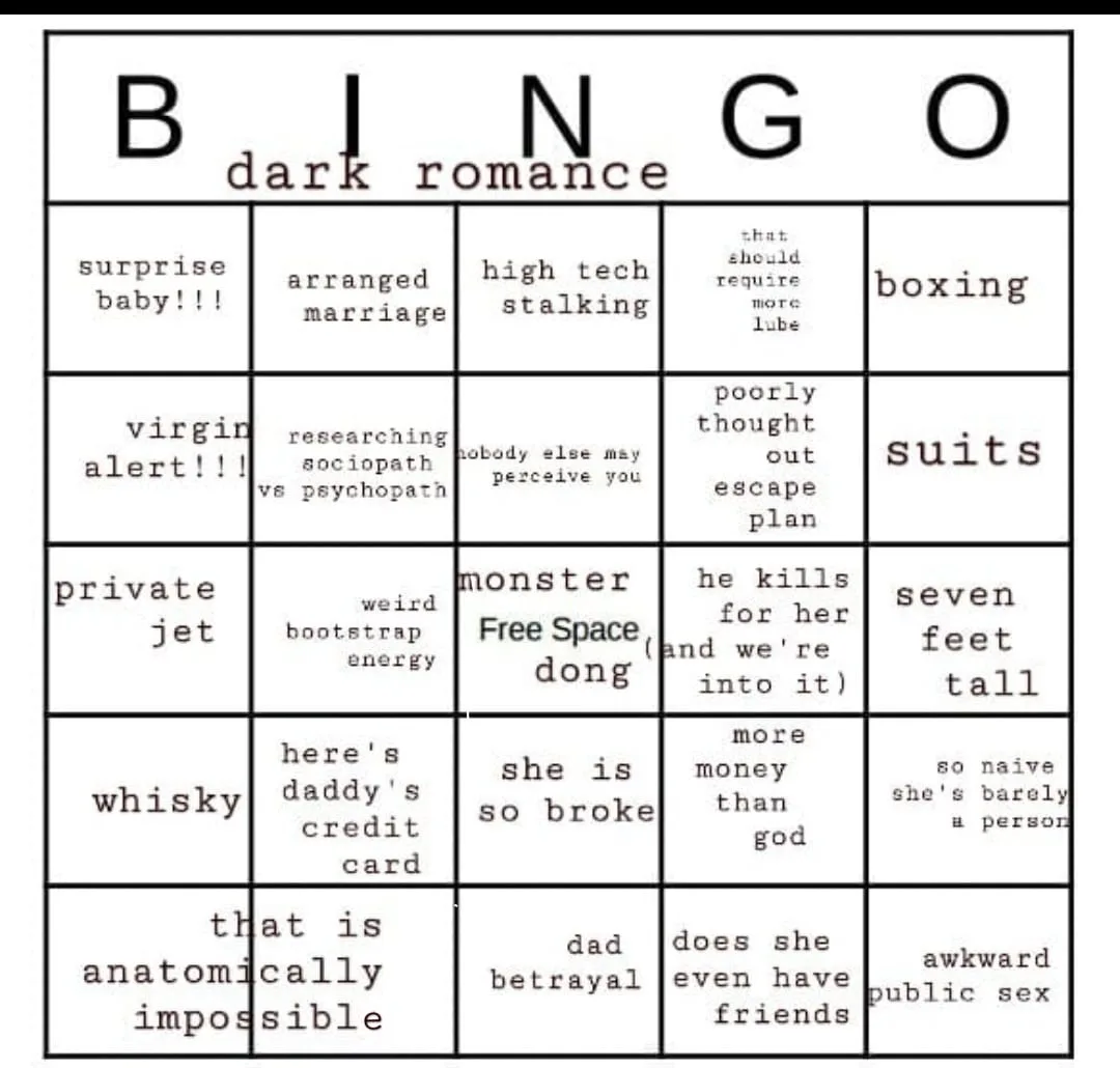 A bingo card titled 'BINGO dark romance' with a grid of squares containing phrases like 'surprise baby!!!', 'arranged…
