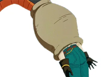 Six panels show an animated character's lower body, wearing blue jeans and black gloves, with a large beige sack-like object…