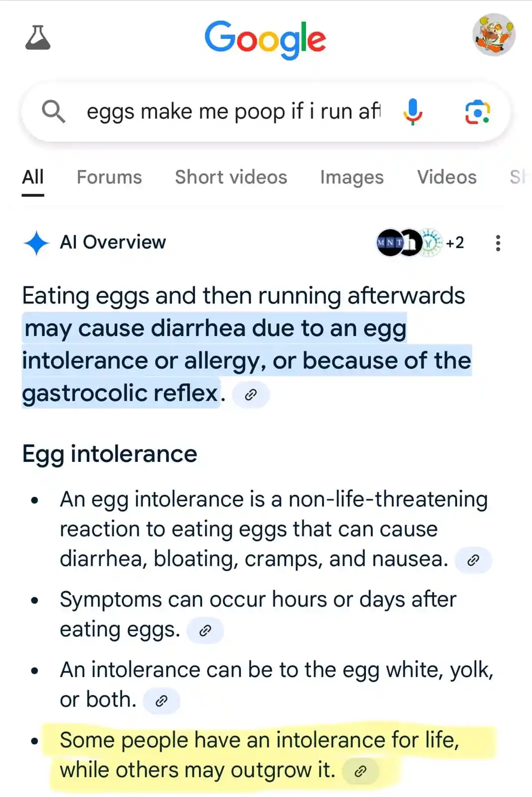 A screenshot of a Google search results page for 'eggs make me poop if i run af', showing an AI Overview that explains the…