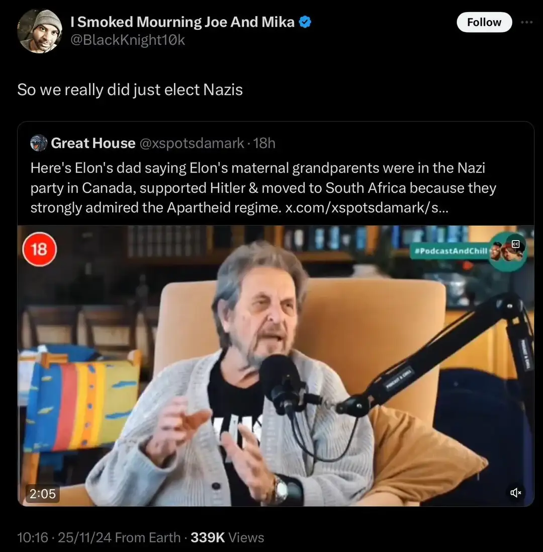 A screenshot of a tweet by 'I Smoked Mourning Joe And Mika' shows a video clip of an older man speaking into a microphone…