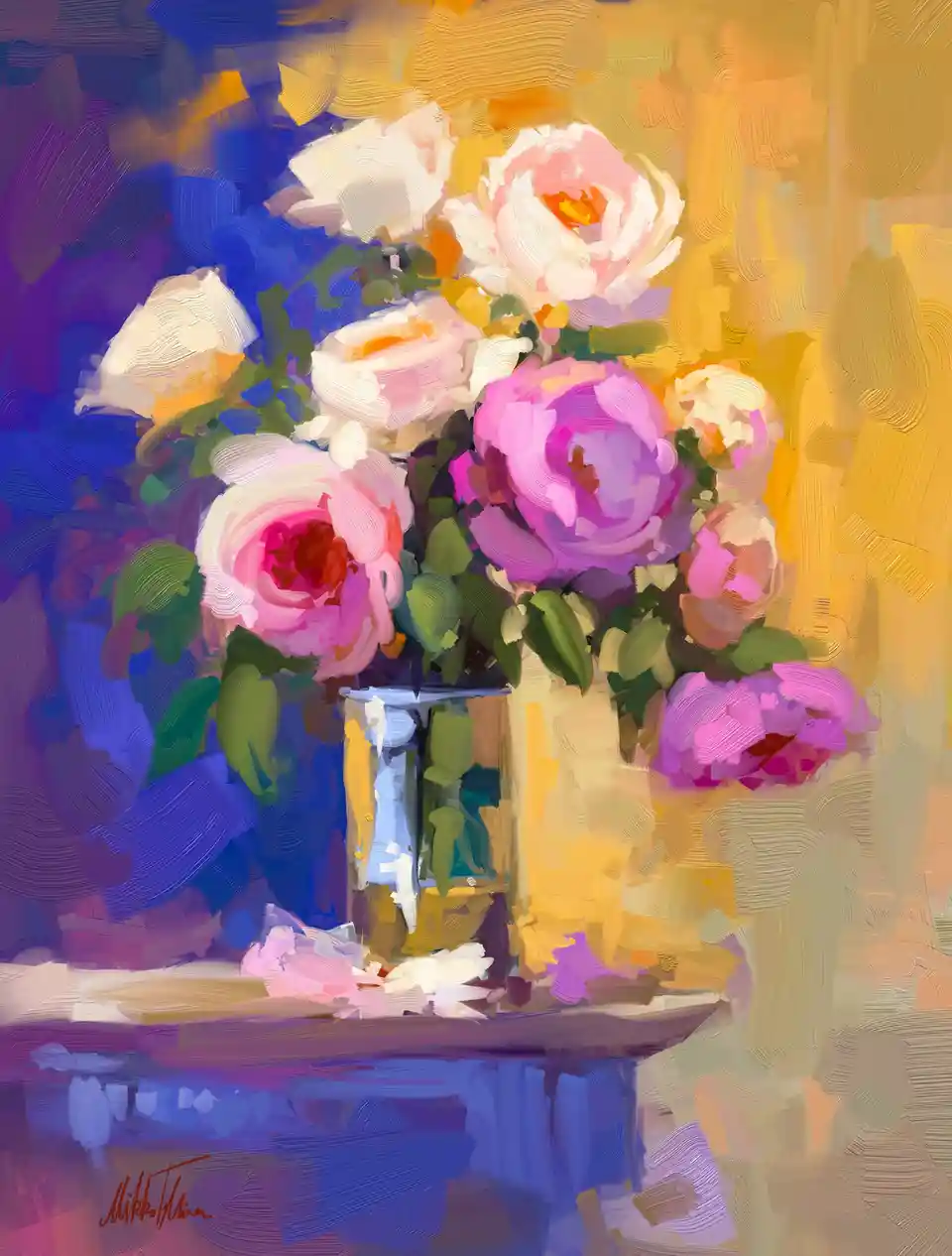 A vibrant, painterly still life depicts a bouquet of pink, white, and magenta roses in a vase on a table, set against a…