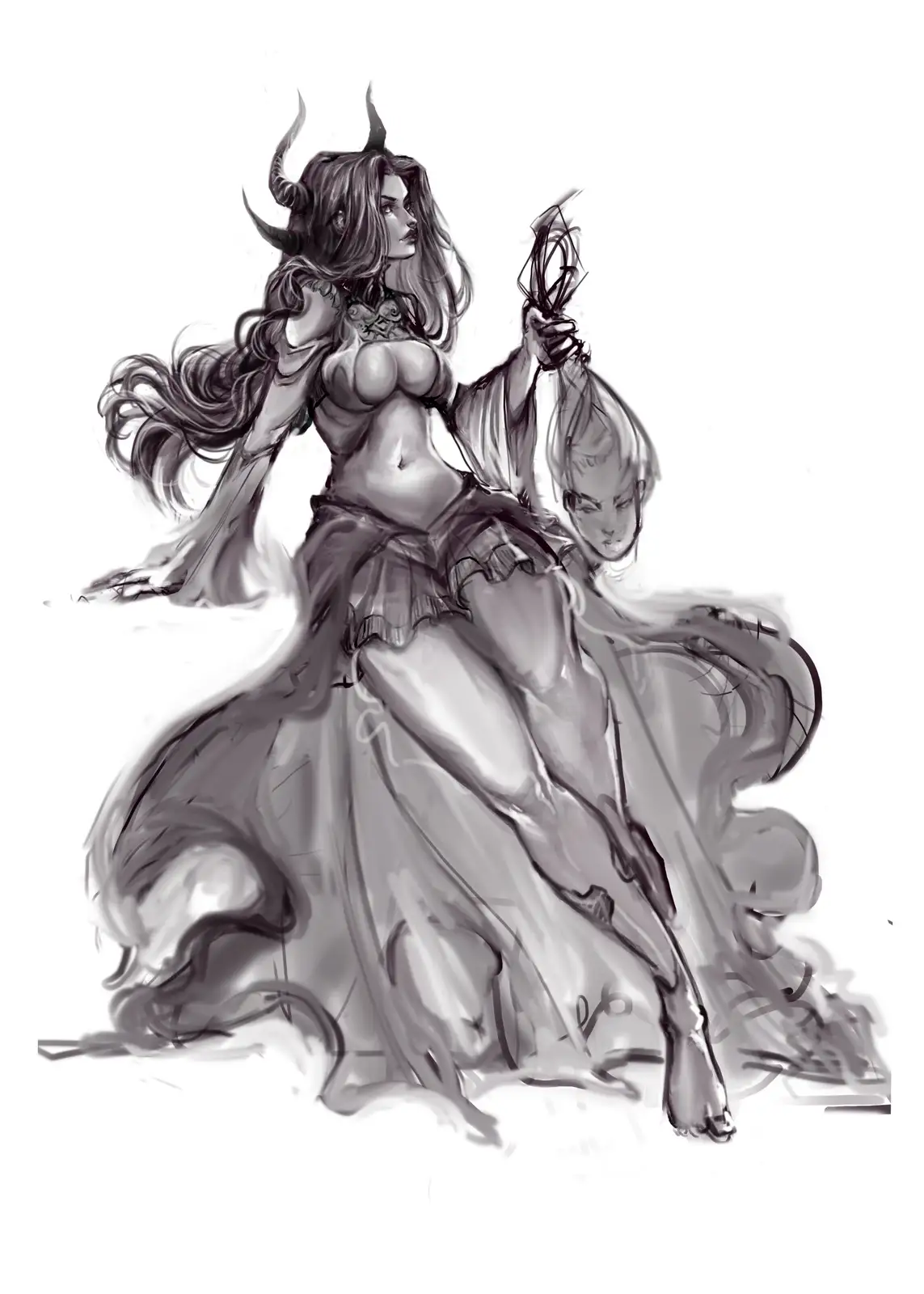 A black-and-white fantasy sketch depicts a woman with horns and flowing hair, wearing a revealing outfit and holding a…