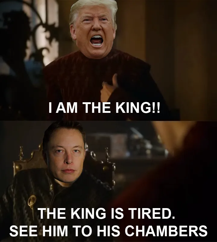 The image is a two-panel meme. The top panel shows a person with a digitally superimposed face of Donald Trump, wearing a…