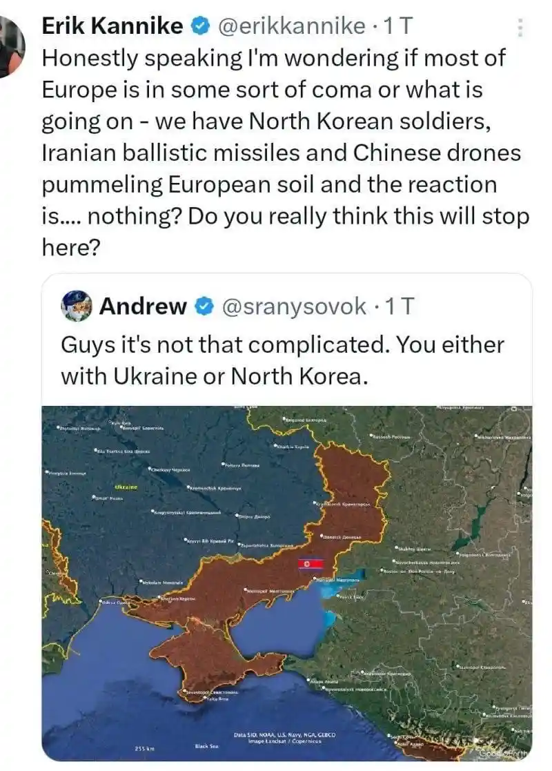 A screenshot of two Twitter replies overlaid on a map of Eastern Europe. The top tweet by Erik Kannike questions why Europe…
