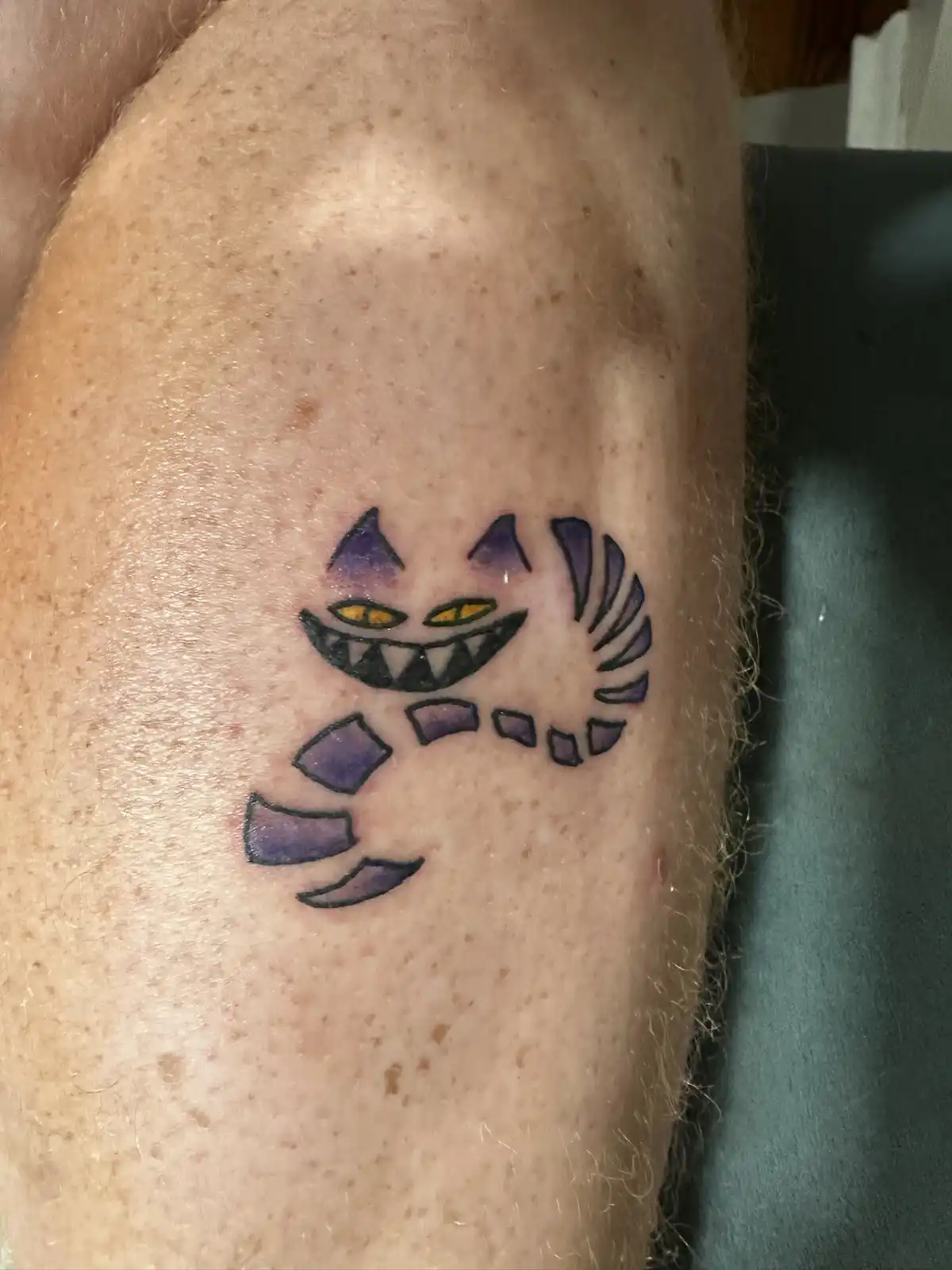 A close-up photo shows a freshly inked tattoo on a person's leg, depicting the Cheshire Cat from Tim Burton's 'The Nightmare…