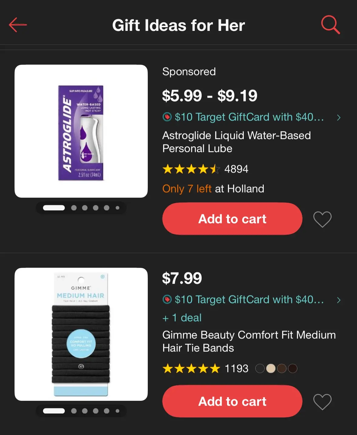 A screenshot of a Target gift ideas page showing two products: Astroglide personal lubricant and Gimme Beauty hair ties…