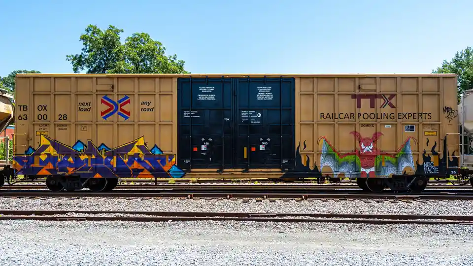 A tan freight railcar with graffiti art on both ends sits on tracks under a clear blue sky. The left side features colorful…