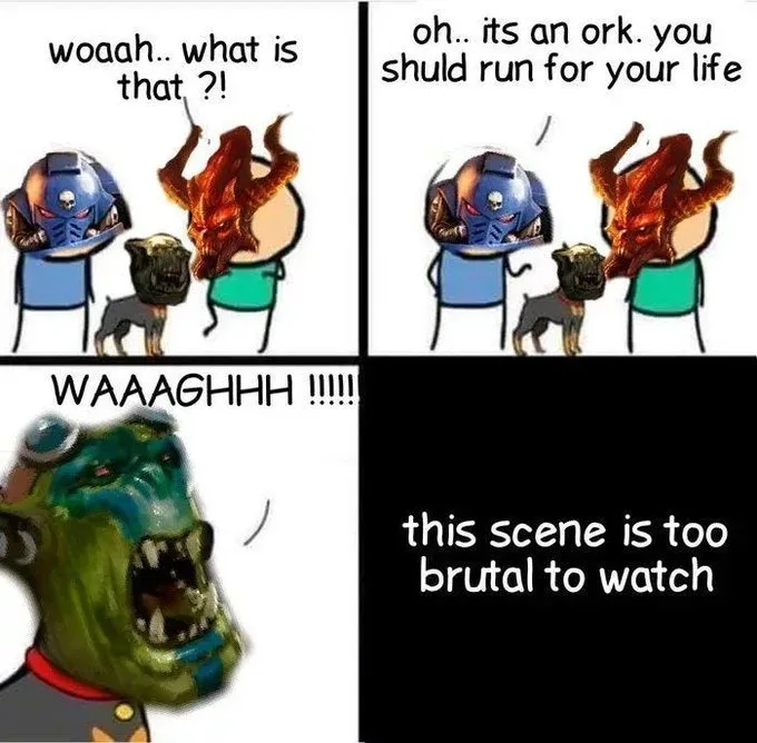A four-panel comic strip shows two cartoon characters reacting to a large, horned, red-skinned creature. In the first panel…