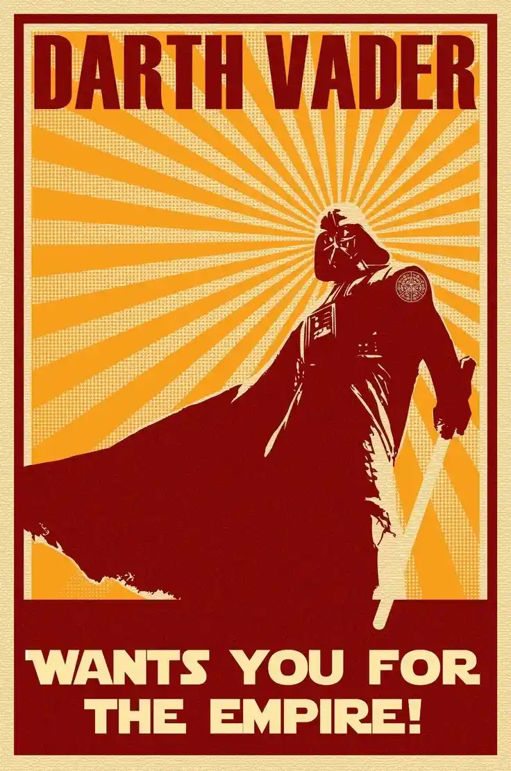 A stylized propaganda poster features Darth Vader in silhouette, holding a lightsaber, against a sunburst background with…