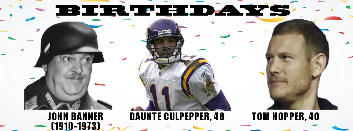 A birthday-themed image with confetti background showing three men: a black-and-white photo of John Banner in a military…
