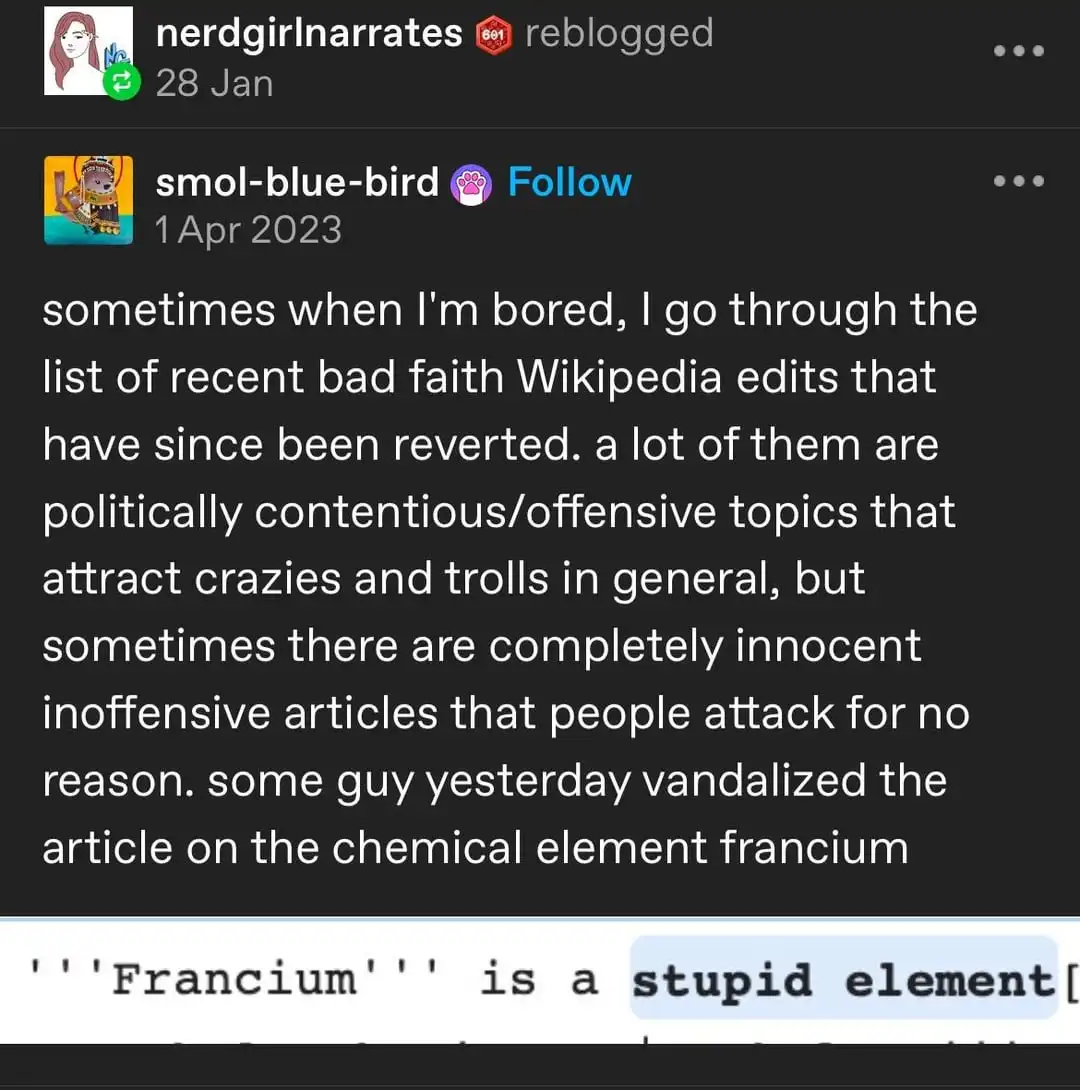 A screenshot of a social media post where the author describes browsing reverted Wikipedia vandalism, noting that sometimes…