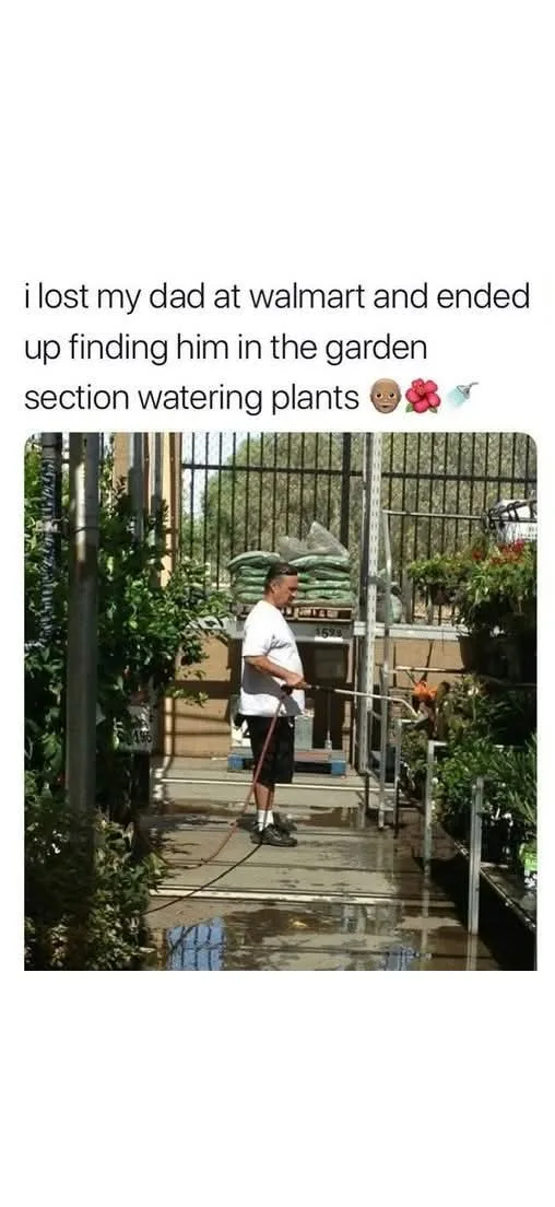 A man in a white t-shirt and black shorts is watering plants in a garden section of a store, holding a red hose that has…