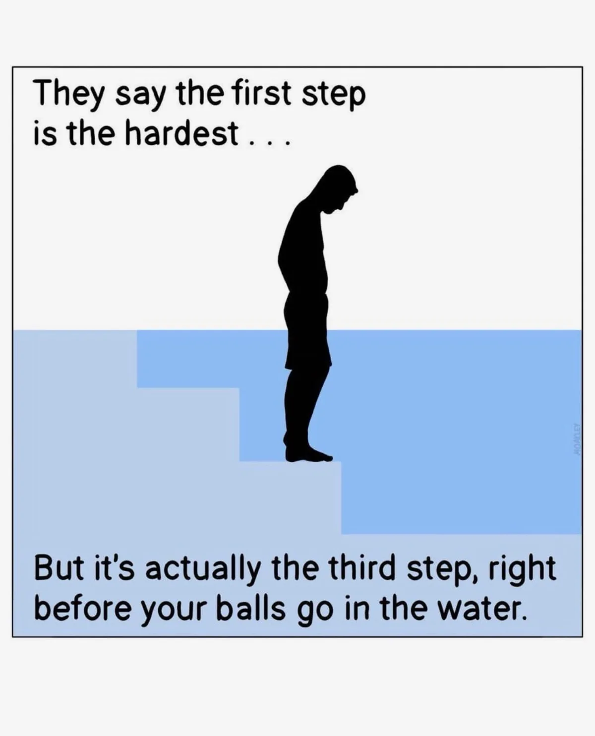 A black silhouette of a man standing on a diving board, looking down, with blue water below. Text at the top says 'They say…