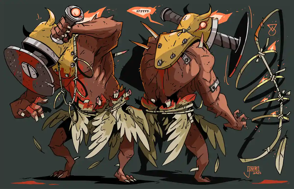 Two muscular, horned, brown-skinned fantasy warriors with leafy loincloths and primitive armor stand in a dark setting, one…