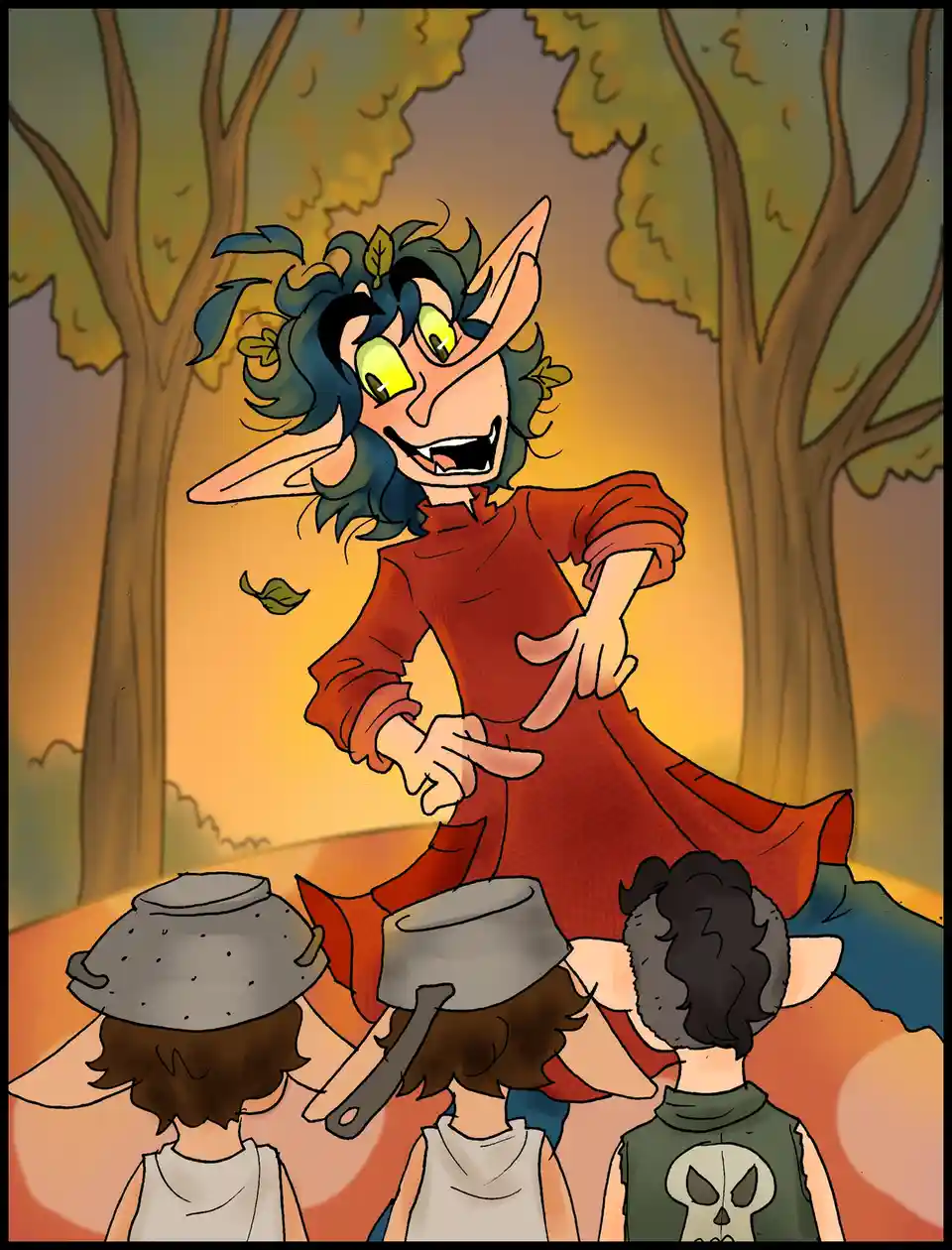 An animated elf-like figure with glowing green eyes and leafy hair stands in a forest, pointing accusingly at three children…