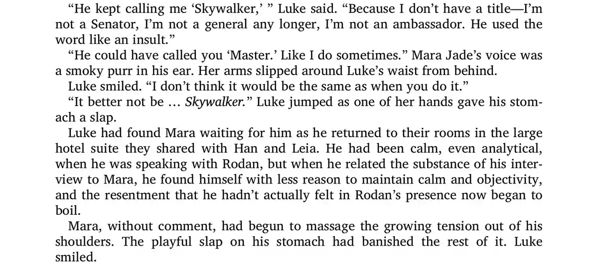 The image displays a block of text from a Star Wars novel, showing a conversation between Luke Skywalker and Mara Jade. Luke…